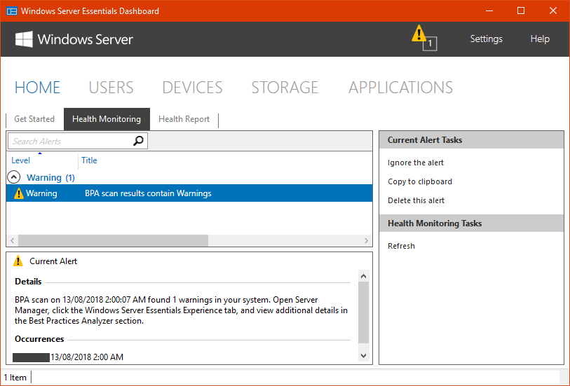 Windows Server 2016 Essentials - Health Dashboard